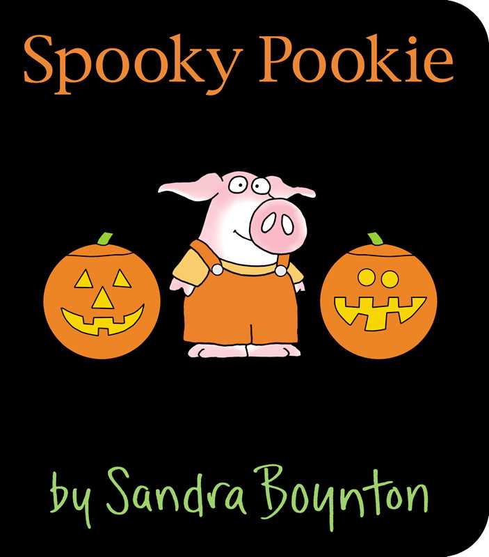 Book cover of 'Spooky Pookie' by Sandra Boynton with a cartoon pig and pumpkins on a black background.