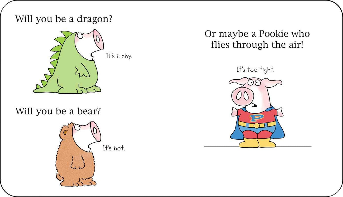 Cartoon characters asking if the viewer will be a dragon, pookie, or bear with humorous responses.