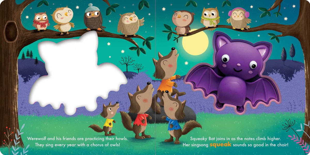 A colorful children's book or activity page illustration showing owls perched in tree branches and a purple bat flying among wolves under a full moon, with text at the bottom and a large white blank shape covering part of the center.