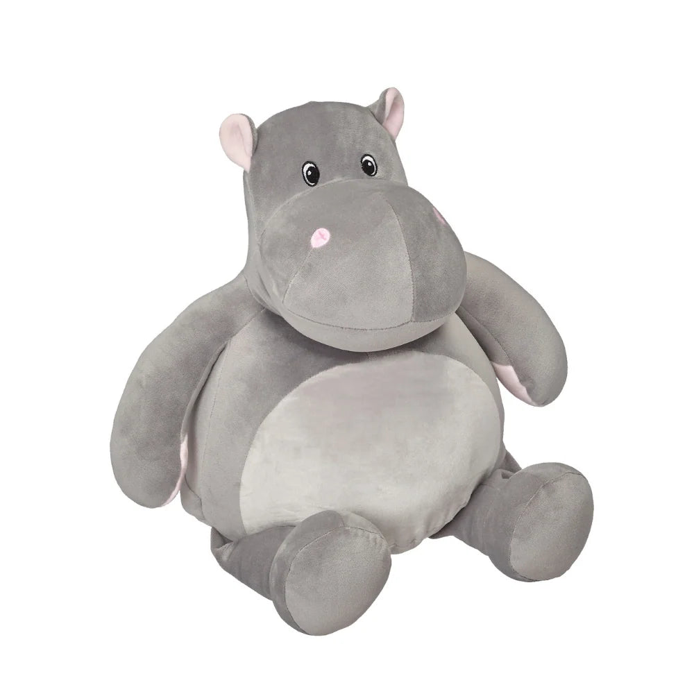 Image of a plush grey hippo with light ears against a white background
