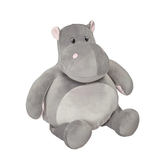 Image of a plush grey hippo with light ears against a white background