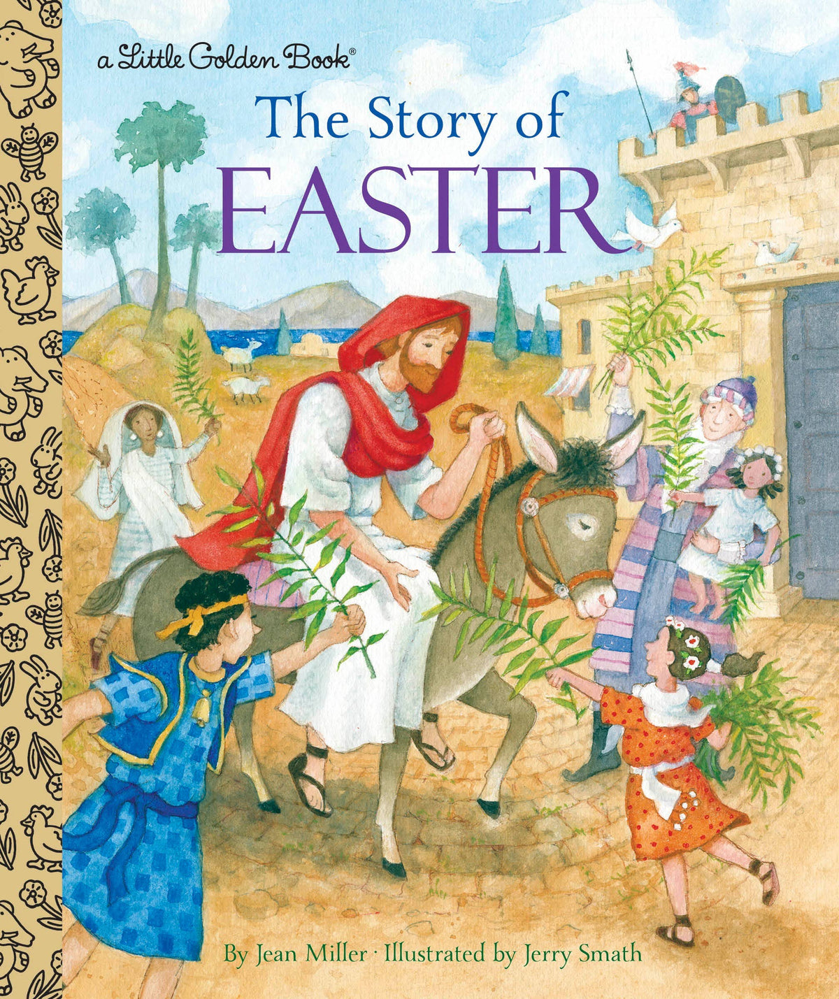 Little goldenbook cover of "The Story of Easter" showing a crowd and a donkey with a man riding wearing a red scarf. 
