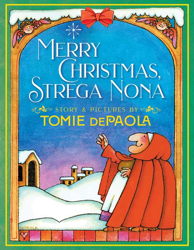 Book cover of 'Merry Christmas, Strega Nona' with a colorful border and illustration of a character in a red outfit.