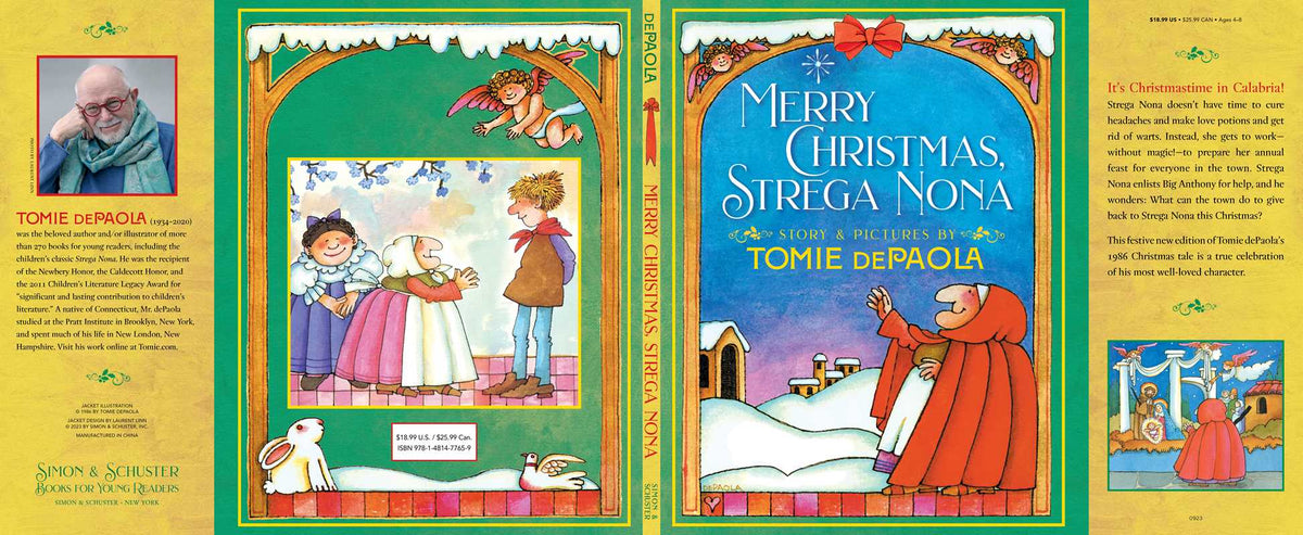 A book cover and interior spread for 'Merry Christmas, Strega Nona' by Tomie dePaola, showing illustrated holiday scenes, festive green borders, and text panels on a white background.