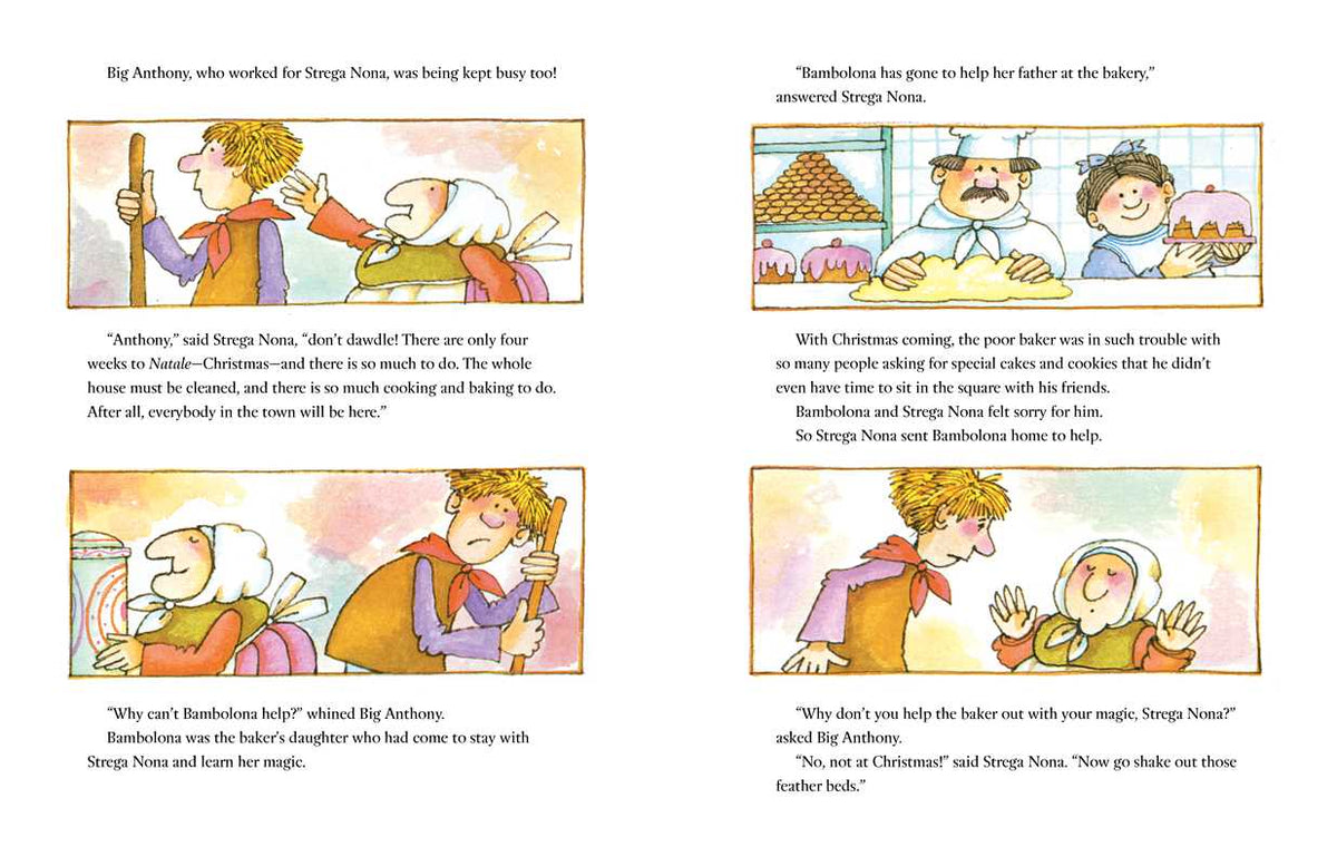 A two-page illustrated spread showing cartoon characters and short text blocks, likely from a children's book or comic. The artwork is warm-toned and includes multiple panels with figures in orange, yellow, blue, and red clothing on a white page background.