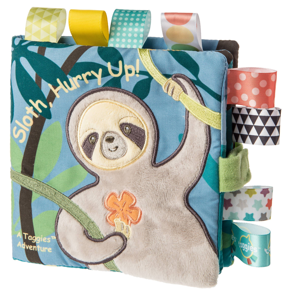 A Toggies Adventure baby activity book featuring a plush sloth on a blue jungle-themed cover, with colorful fabric tabs and ribbons attached along the right side.