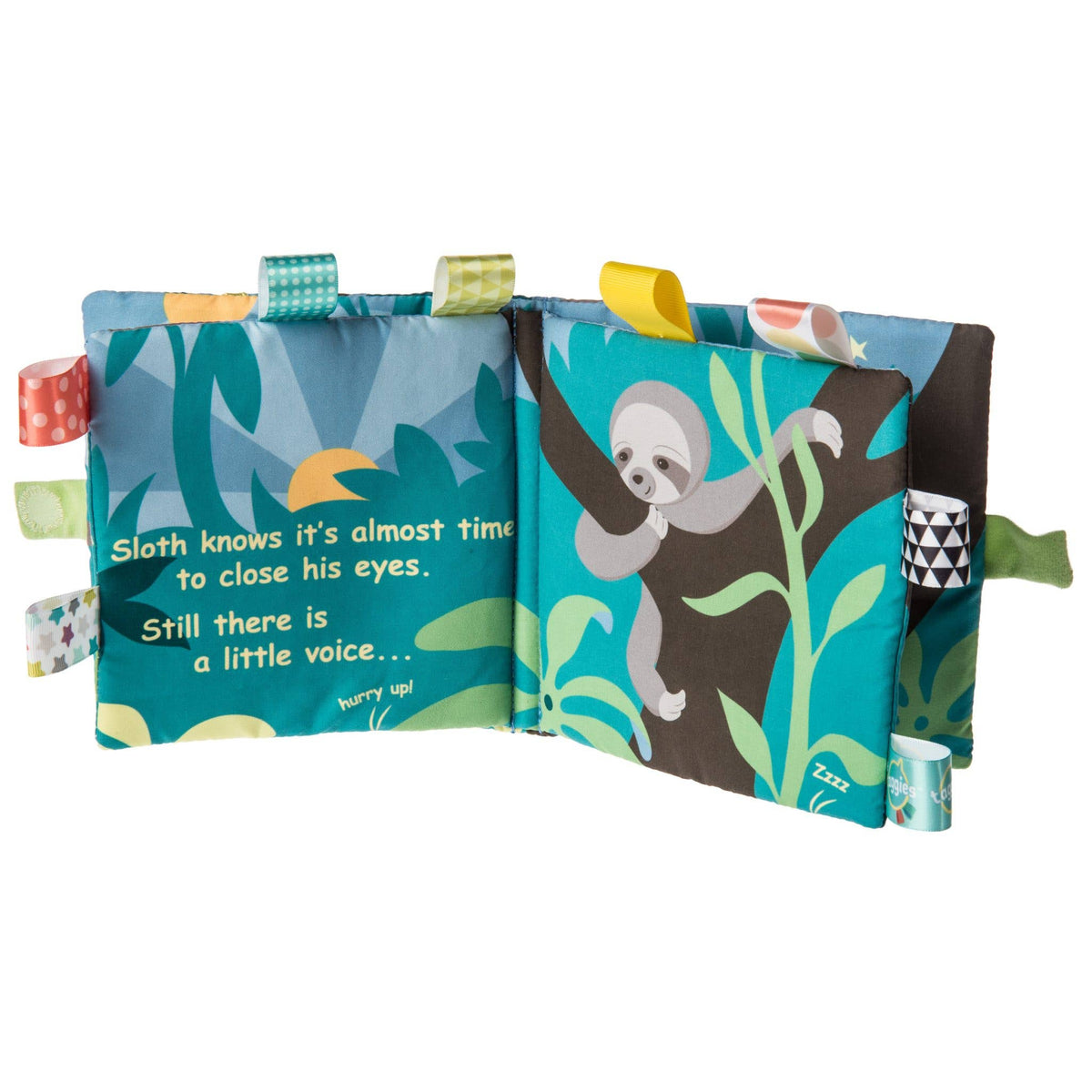 Children's soft book with sloth illustration and text on a white background