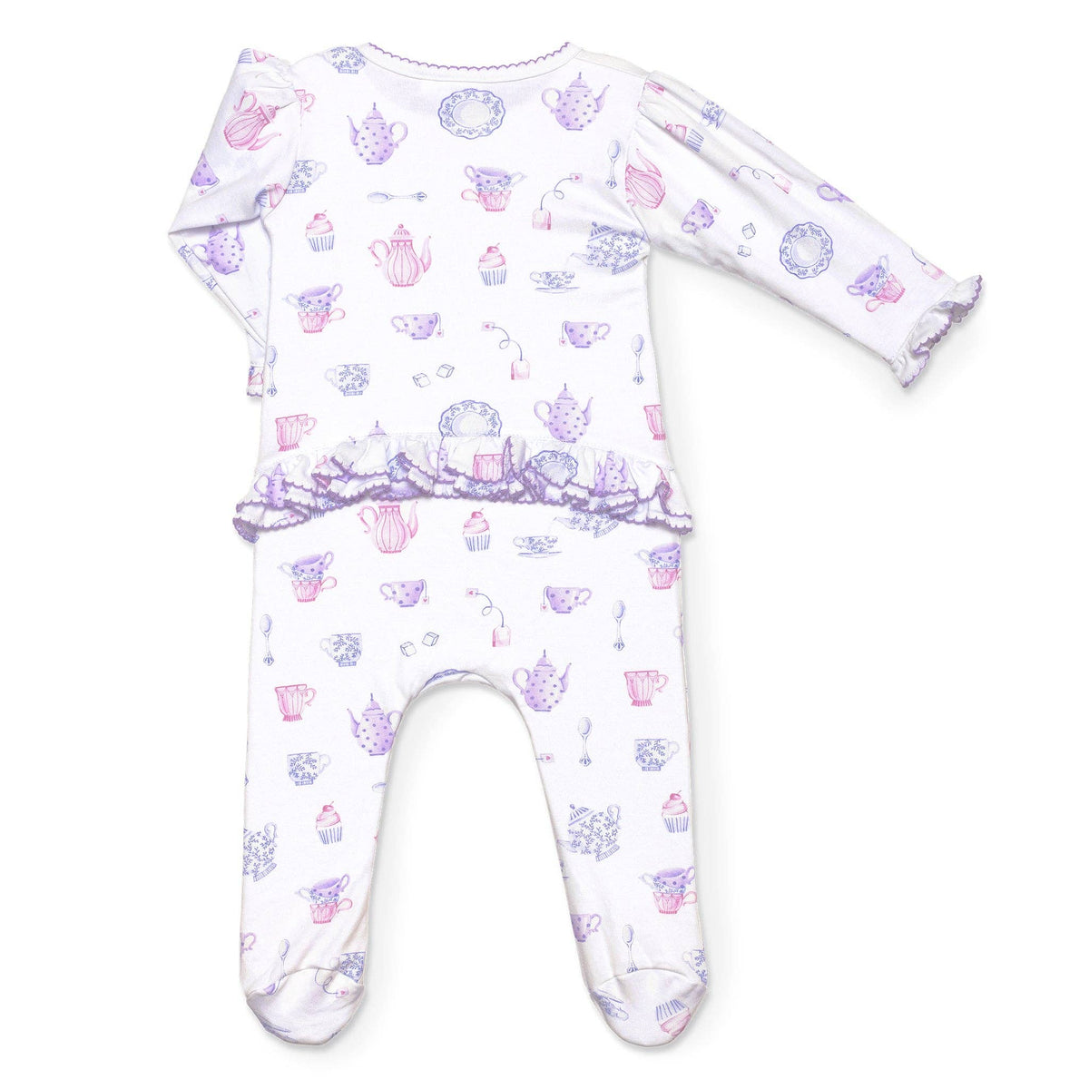 Back view of a baby onesie with a tea party print and a ruffled trim and bottom against a white background. 