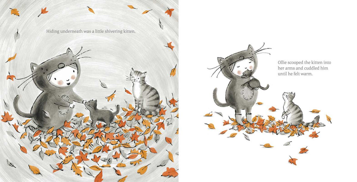 Illustration of cats in a cozy scene with leaves, writing on each page regarding the story. 