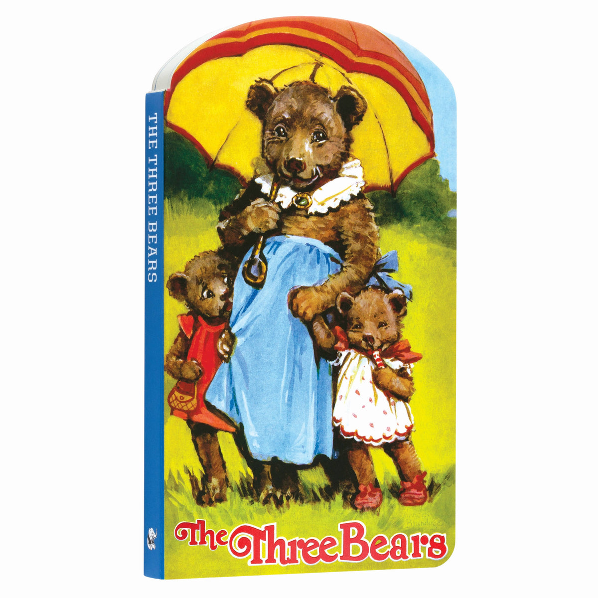 Book cover of 'The Three Bears' with illustrations of bears holding an umbrella.