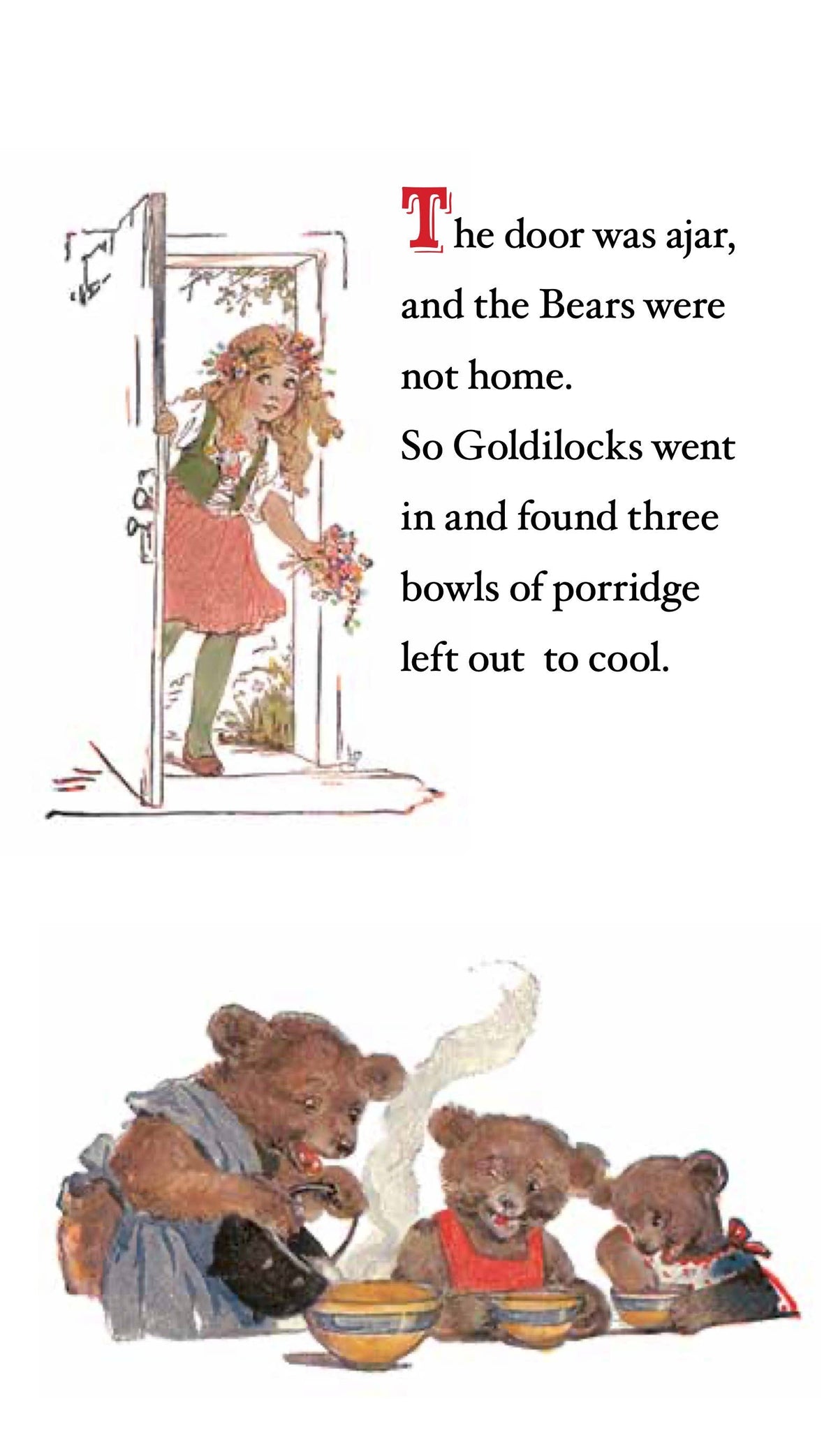 Illustration from a children's storybook with Goldilocks and the three bears.