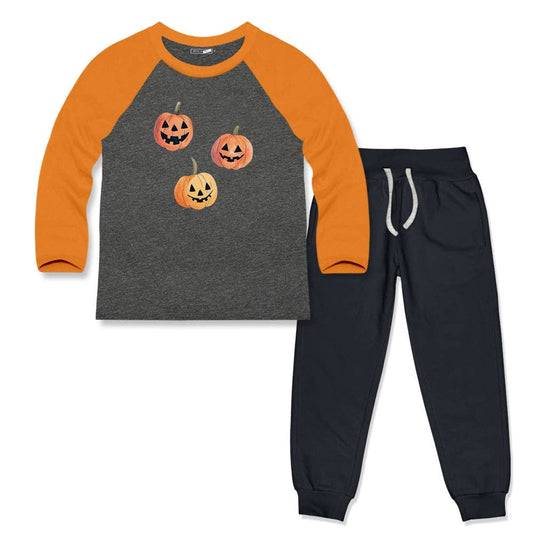 Shows a charcoal outfit set with joggers and a long sleeve t shirt featuring three pumpkin graphics and orange sleeves. 