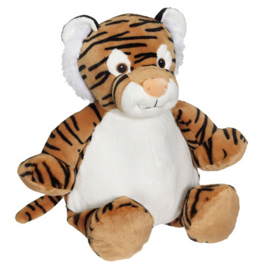 Plush tiger with whtie belly and ears sits against a white background. 