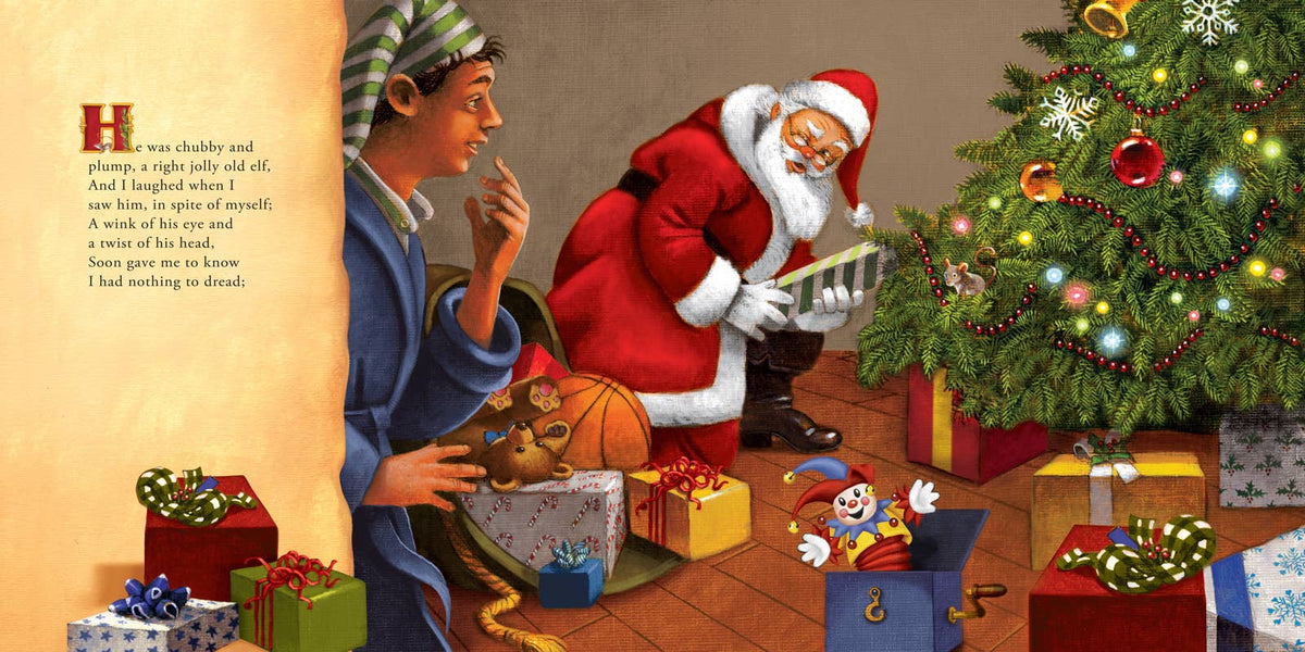 A vintage-style illustrated Christmas scene showing a man in a robe reading a letter by a fireplace, Santa Claus packing a gift bag, and children opening presents around a decorated Christmas tree.