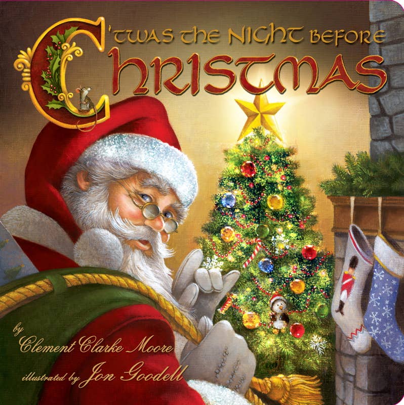 Book cover of 'Twas the Night Before Christmas' with Santa Claus and a decorated Christmas tree.