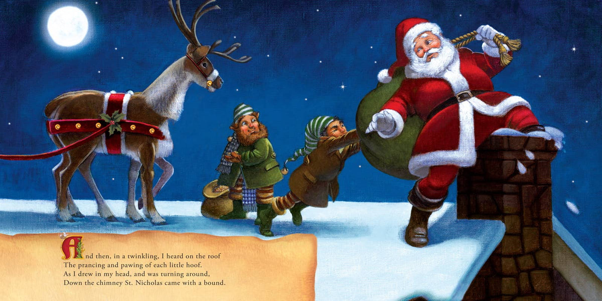 A festive illustrated Christmas scene showing Santa Claus in a red suit climbing out of a chimney while carrying a large green gift sack, with a reindeer on the left and two children helping under a full moon. A tan text box appears at the bottom with decorative lettering.