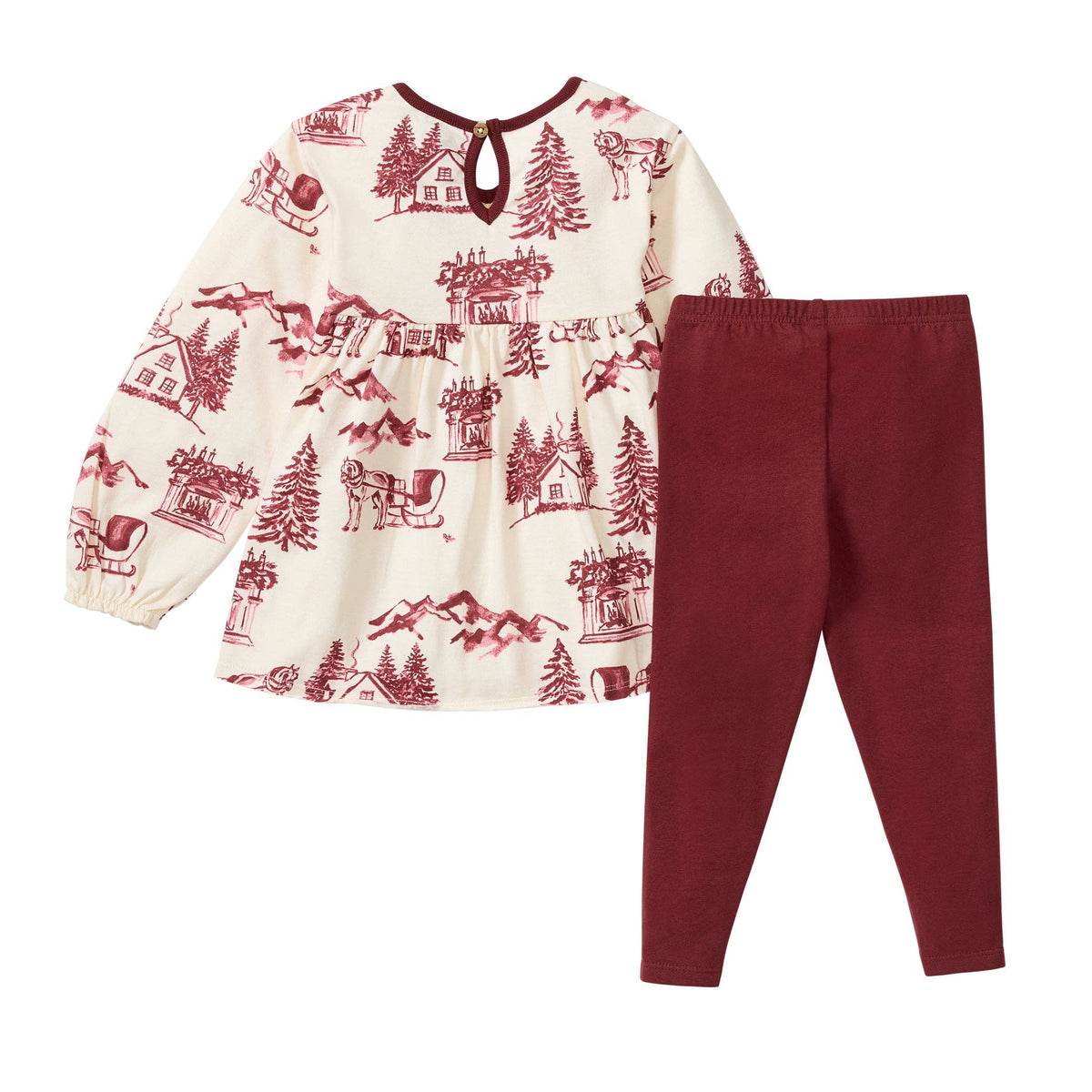 A vintage inspired Christmas tunic with a classic christmas motif pattern and accompanying maroon pants against a white background. Shows a keyhole back closure. 