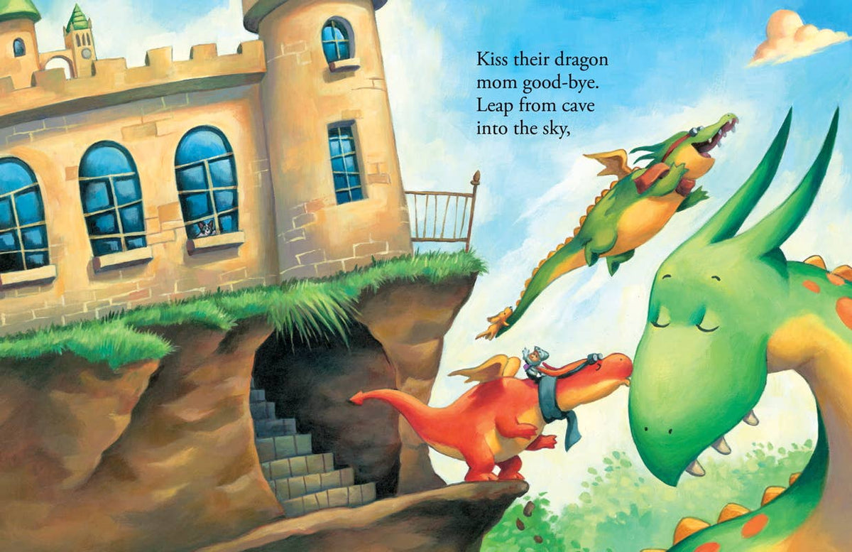 A colorful children's book illustration showing a castle on a cliff, a green dragon in the foreground, a smaller orange dragon mid-air, and a rider on a dragon back. Text in the upper right reads, 'Kiss their dragon mom good bye.