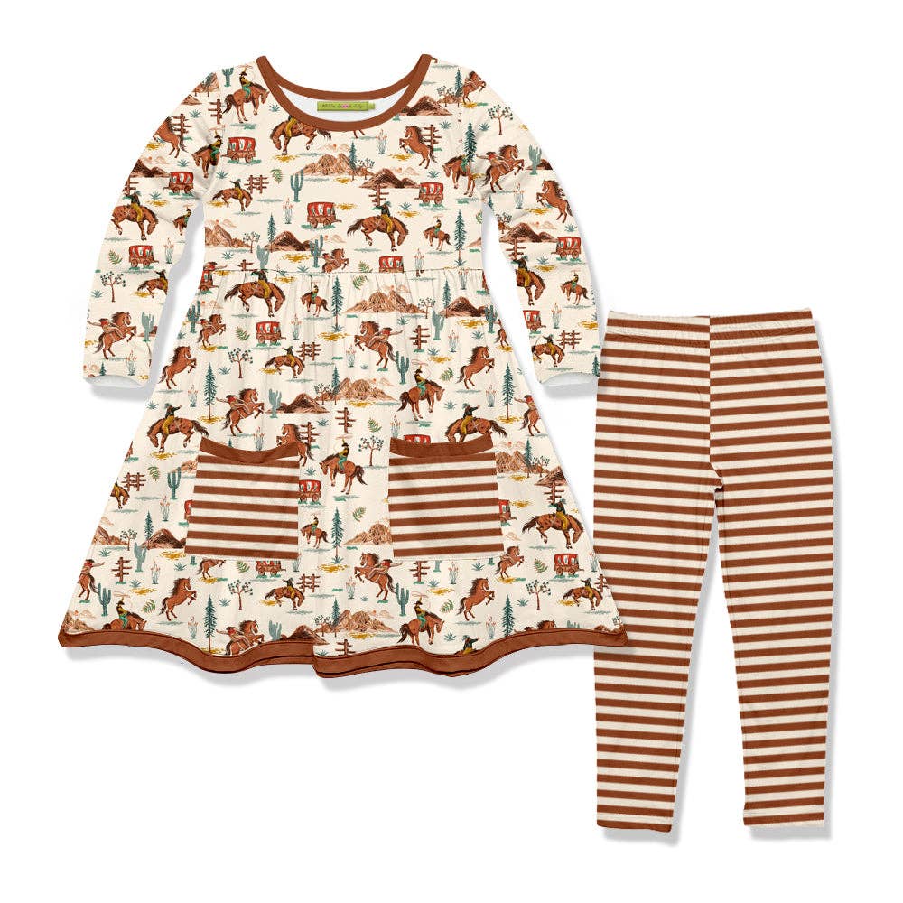 Outfit with western themed dress with striped pockets. Matching striped pants. 