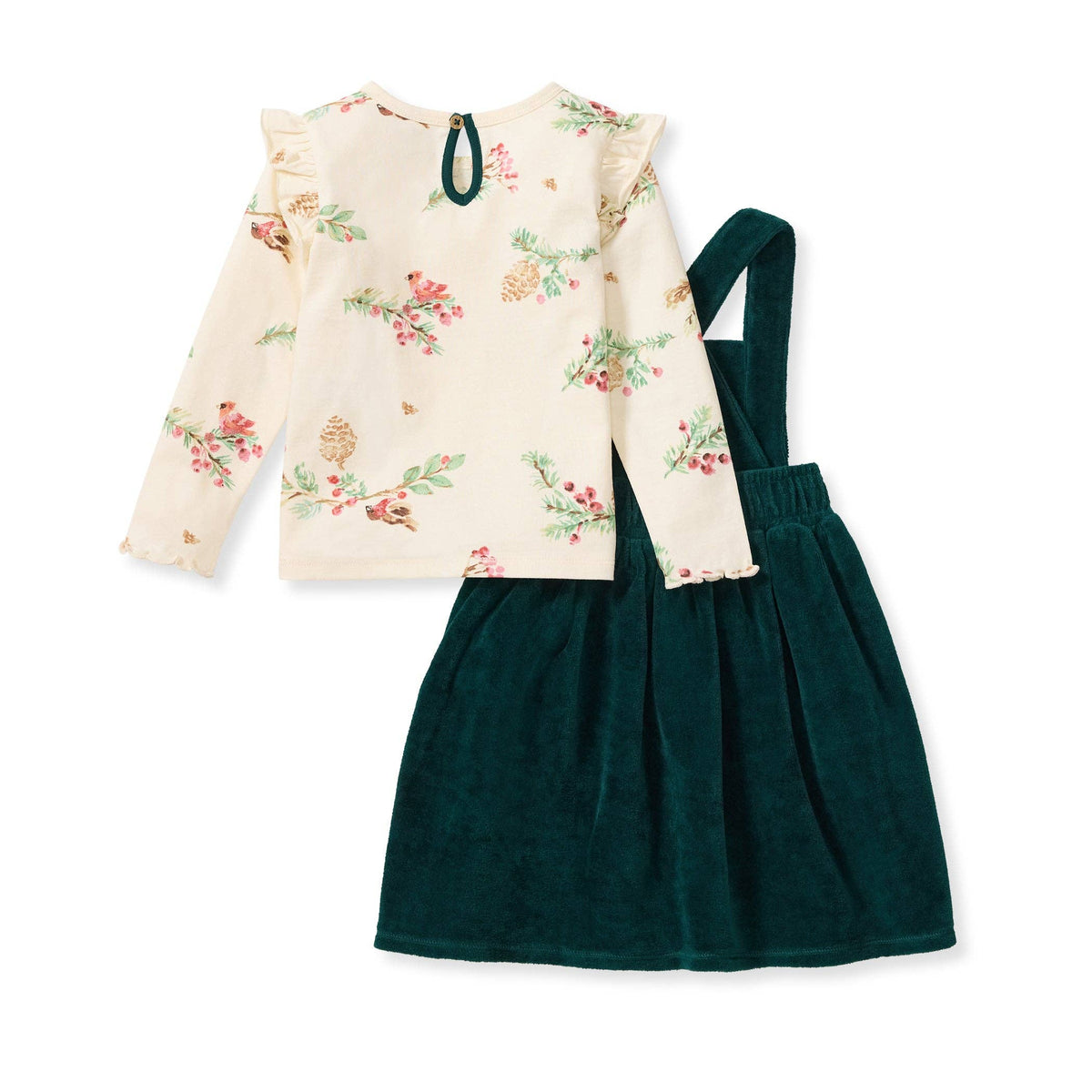 Girls cream shirt with a keyhole back closure and cardinal print with a soft green overall dress against a white background. 