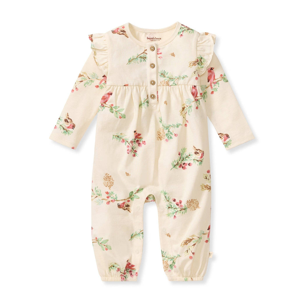 Girl's cream colored romper with a cardinal pattern with ruffled sleeves and buttons up the front against a white background. 