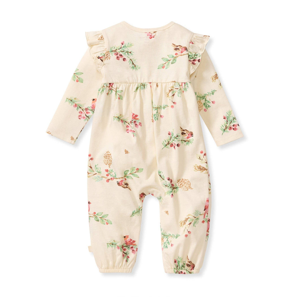Girl's cream colored romper with a cardinal print -rear view- against  a white background. 