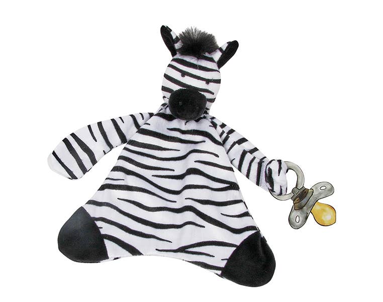 Zebra blankie pacifier holder with a pacifier in hand against a white background