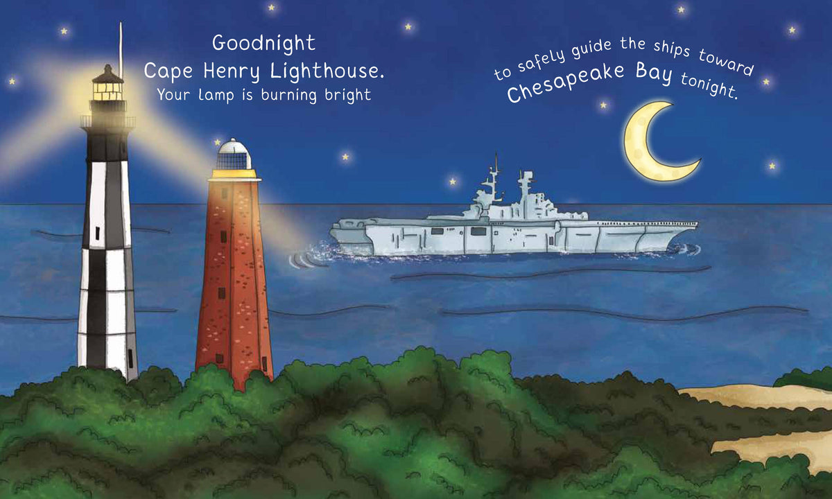 Illustration of a lighthouse with a ship and text on a night sky background