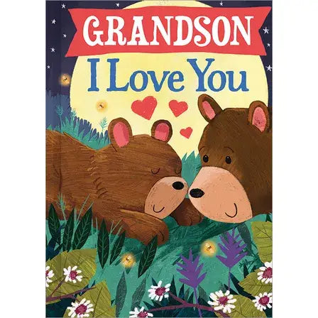 Book cover with two bears hugging and text 'GRANDSON I Love You' against a night sky with stars and moon.