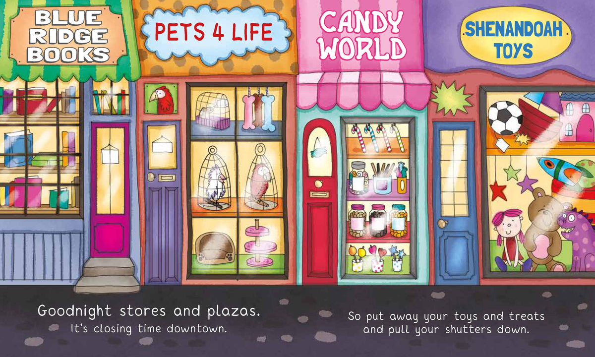 Illustration of a row of colorful stores with signs like 'Blue Ridge Books', 'Pets 4 Life', 'Candy World', and 'Shenandoah Toys'.