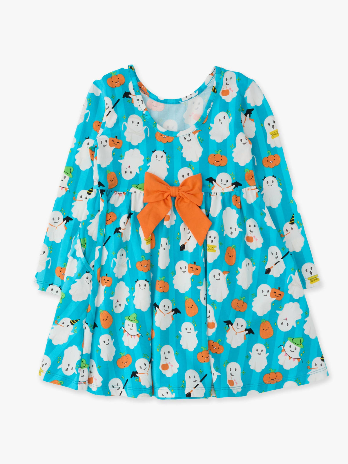 A long sleeve aqua dress decorated with ghosts and pumpkins and an orange bow on the back