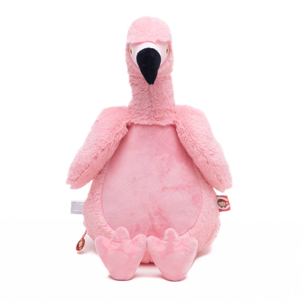 Pink plush flamingo toy on a white background