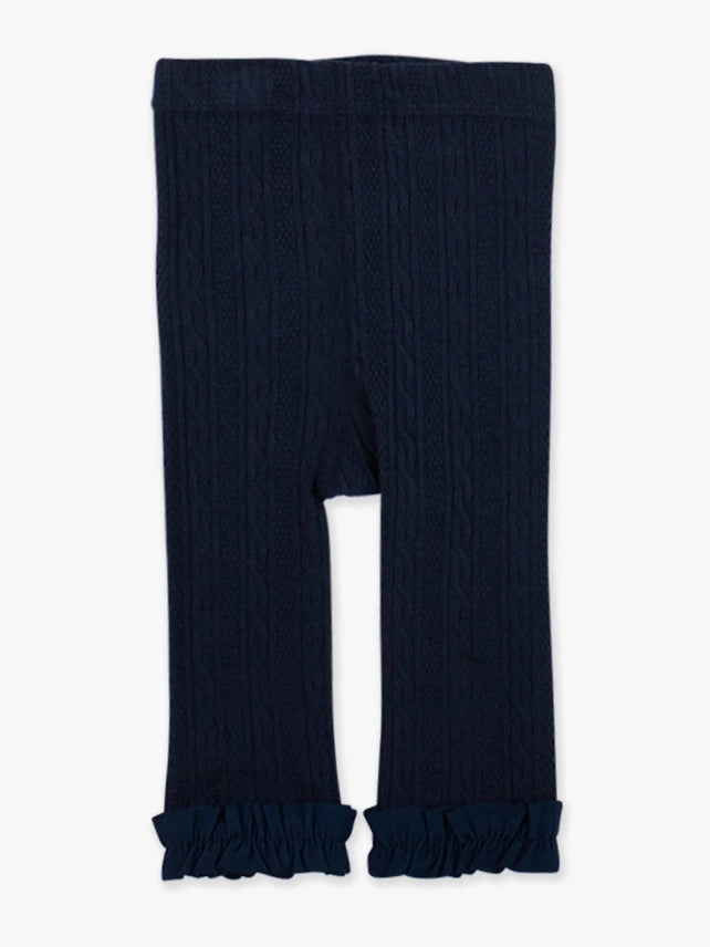 A pair of dark navy blue ribbed knit tights with ruffled cuffs, shown flat against a light gray background.