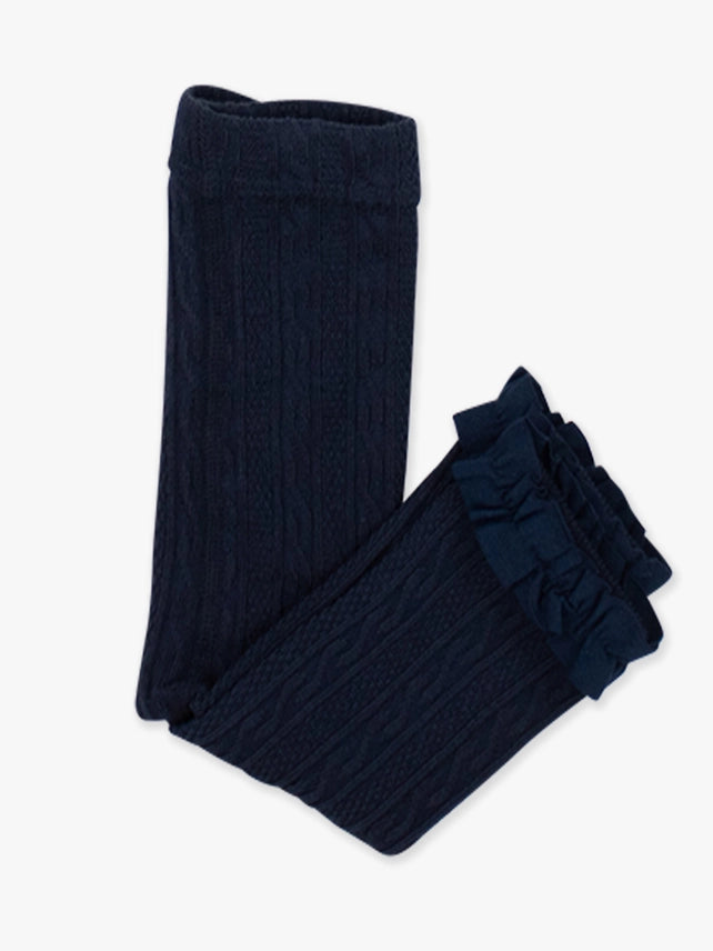 A pair of dark navy blue ribbed knit leg warmers with ruffled cuffs, folded on a light gray background.