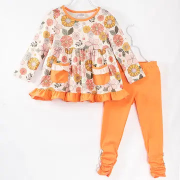 Orange Floral Print Ruffle Set