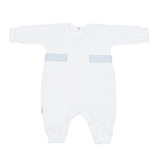 A white long-sleeve baby footless one-piece romper with two light blue and white gingham patterned chest pockets, shown flat on a white background.