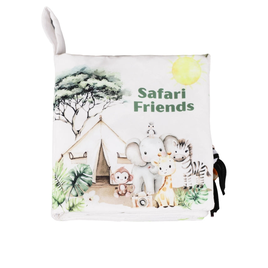 Children's book titled 'Safari Friends' with illustrations of animals and a tent on a white background.