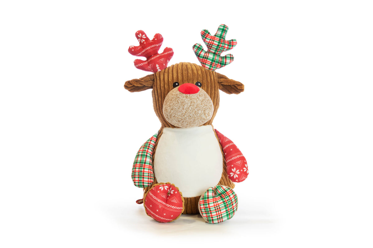 Plush reindeer toy with red and green antlers on a white background