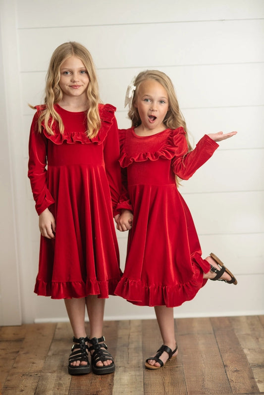 Red Velvet Ruffle Dress